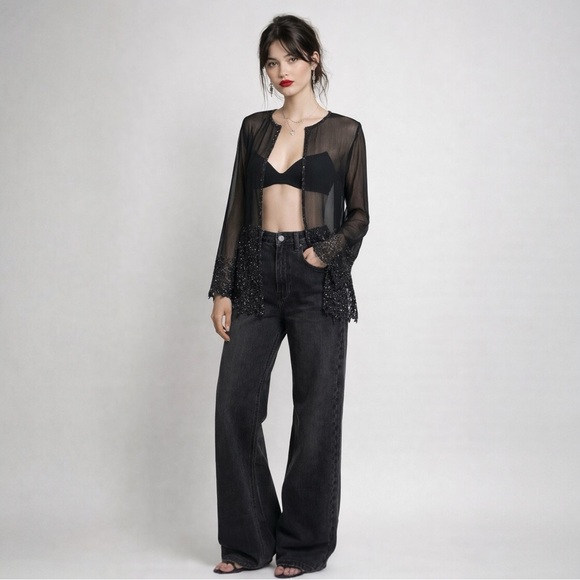 Vintage Beaded Fairy Top Black Sheer Open Whimsigoth Evening Top Jkara L - Picture 2 of 14